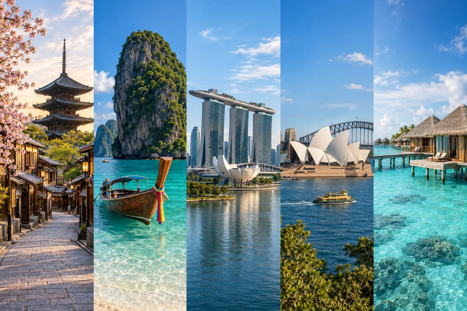 Illustrated travel montage of Japan, Thailand, Singapore, Australia and the Maldives